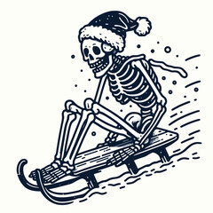 Obraz premium A whimsical skeleton in a Santa hat joyfully sleds down a hill, capturing the fun and spirit of winter festivities.