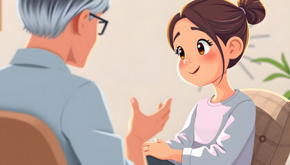 Close-up of young girl sitting on chair and talking to psychologist isolated with white highlights, png