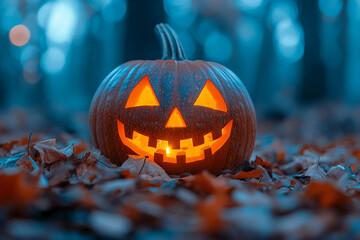 Generative AI photo of funny halloween pumpkins outdoors horror autumn night decor