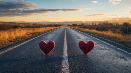 Fototapeta premium Two heart-shaped objects on empty road at sunrise, surrounded by scenic nature