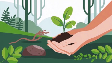Illustration of hand holding young plant nature background. Concept eco and earth day
