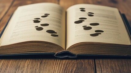 Open book with footprints visible across its pages, lying on wooden surface