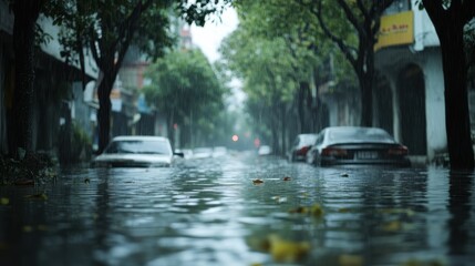 Flooded Street After Heavy Rainfall in Urban Area, with submerged cars and trees lining the flooded road.