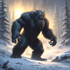 Fototapeta premium Illustration of dark bigfoot in winter woods.