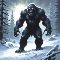 Fototapeta premium Illustration of dark bigfoot in winter woods.