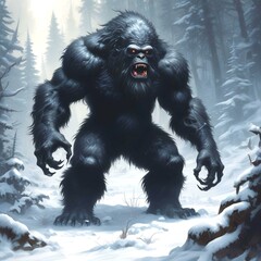 Fototapeta premium Illustration of dark bigfoot in winter woods.