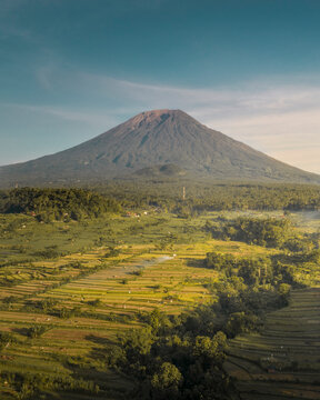 Aerial view of lush green fields and majestic mountains under a bright sky, Abang, Bali, Indonesia.