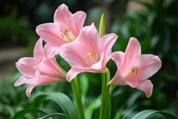 Naklejka premium Delicate pink flowers bloom gracefully in a lush, green garden during a sunny afternoon