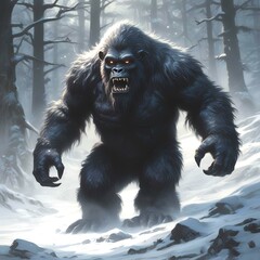 Fototapeta premium Illustration of dark bigfoot in winter woods.