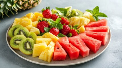 A colorful fruit platter featuring slices of watermelon, pineapple, kiwi