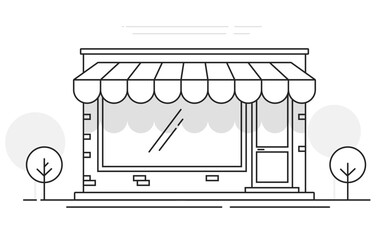 Store front building line stroke vector graphic, city street shop facade icon outline thin linear simple illustration, small cafe or restaurant storefront market, showroom silhouette image clip art
