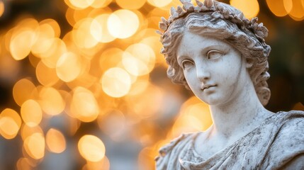 A marble statue of a woman with soft golden bokeh lights in the background.
