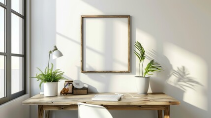 A contemporary home office setup with white walls and a wooden desk. A blank picture frame is prominently displayed with a single decorative item. Bright