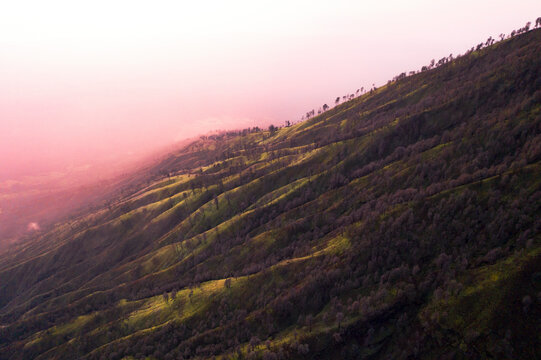 Aerial view of serene sunrise over lush mountains and tranquil forest in Wongsorejo, Banyuwangi, East Java, Indonesia.
