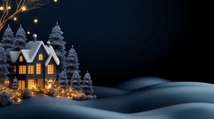 Fototapeta premium A picturesque winter night scene featuring a snow-covered cottage illuminated with warm glowing lights, surrounded by snow-covered trees and fairy lights, creating a cozy festive atmosphere