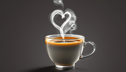 Cup of coffee with a heart shaped steam isolated with white highlights, png
