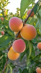 Ripe apricots basking in sunlight on a branch in a lush orchard during summer harvest