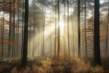 Fototapeta premium Beautiful sunlight streams through a misty forest, highlighting tall trees and golden autumn leaves in a tranquil woodland scene.