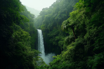 A majestic waterfall cascades through a dense, green tropical jungle, with mist rising and vibrant foliage enveloping the scene.