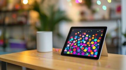 Tablet with colorful dots on screen, placed wooden surface in decorated room