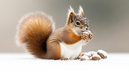 A snow squirrel gathering snow-covered nuts, with frost clinging to its fur