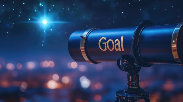 Telescope aimed at bright star in night sky, emphasizing goal-focused vision and aspiration