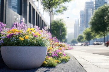 A planter filled with vibrant flowers sitting on a busy city sidewalk
