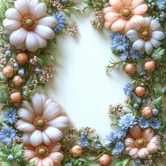 Beautiful floral border with pastel daisies and delicate blossoms in a light background