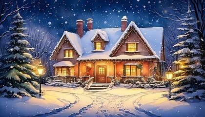 House covered with snow on a winter night. image painted with watercolors.