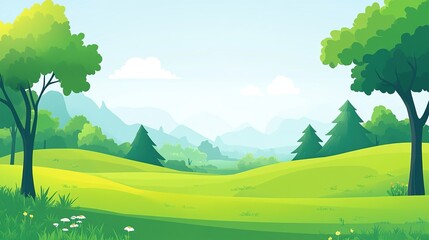 Serene Green Landscape with Trees and Mountains
