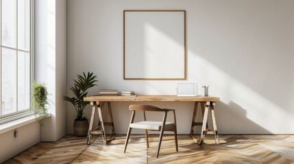 A contemporary home office with white walls and a wooden desk. The desk highlights a blank picture frame and a single decorative vase. Bright