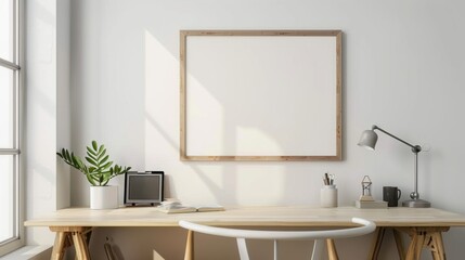 A contemporary minimalist desk setup with white walls and a wooden desk. The focal point is a blank picture frame, either on the desk or on the wall. The scene includes a few essential items