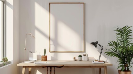 A contemporary minimalist desk setup with white walls and a wooden desk. The focal point is a blank picture frame, either on the desk or on the wall. The scene includes a few essential items