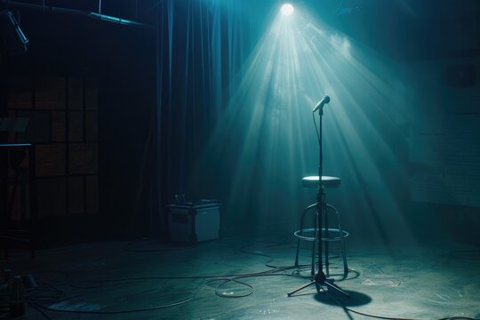A microphone sits on a stool in a dimly lit room, perfect for an intimate performance or recording session