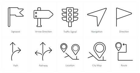 A set of 10 Navigation icons as signpost, arrow direction, traffic signal