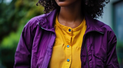 A woman wearing a casual outfit with a bright purple jacket and yellow shirt