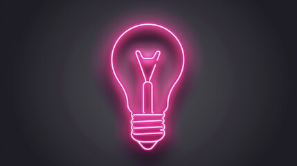 A neon bulb icon with a vibrant pink glow set against a dark grey background highlighting retro design