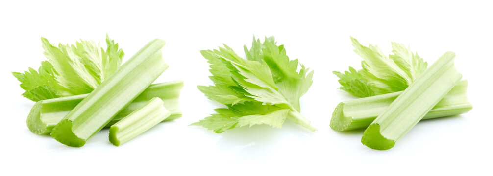 Celery slice with leaves in closeup on white background
