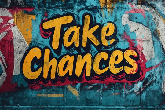 "Take Chances" in bold, handwritten text with vibrant colors on a textured background, inspiring boldness.
