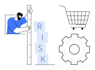 Obraz premium A person measures stacked blocks spelling RISK with a vertical scale. Nearby are shopping cart and gear symbols. Ideal for risk assessment, business strategy, project management, process improvement