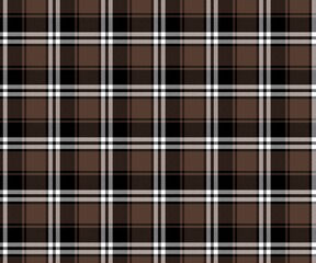 Plaid fabric pattern, brown, white, black, modern luxury seamless for textiles, and for designing clothes, skirts, pants, everyday wear or decorative fabric. Vector illustration.