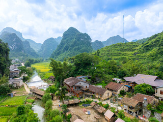 Aerial view of an ancient rock village in Trung Khanh, Cao Bang, Vietnam. Khuoi Ky old village of...