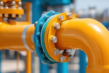 Close-up of orange industrial pipe with bolts on bright background.