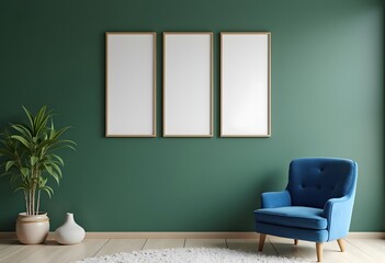 Wicker chair and empty picture frame on blue wall background
