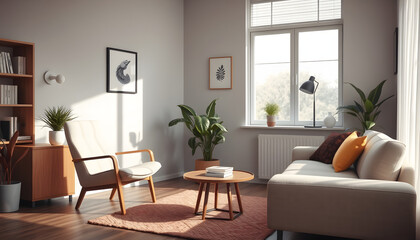 Modern office for psychotherapy session with comfortable armchair and sofa isolated with white highlights, png