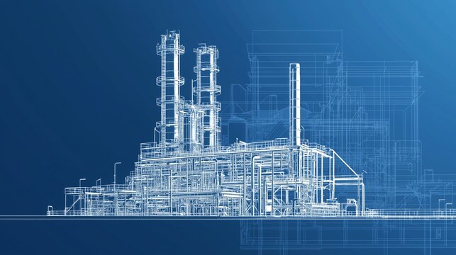 Blueprint of an industrial plant with simple outlines, symbolizing construction and planning.