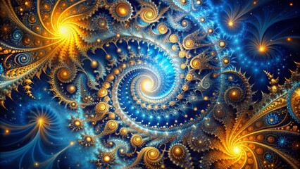 Abstract Cosmic Fractal Waves in Blue and Gold - Low Light Photography Art