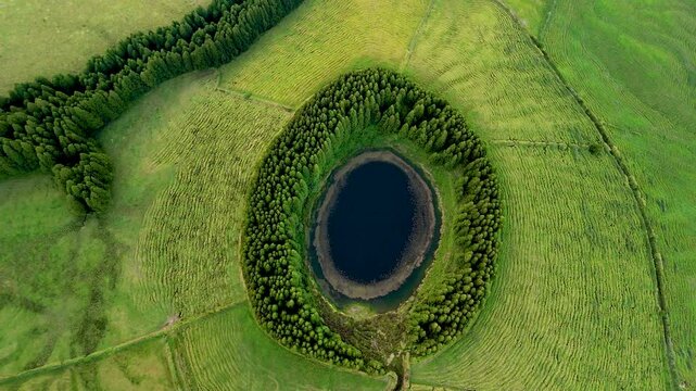 Aerial view of lush Lagoa Pau Pique surrounded by forested mountains and trees, Capelas, Portugal.