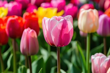 Fototapeta premium Vibrant tulips blooming in a colorful spring garden under bright daylight