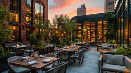 Outdoor Dining Patio with Tables and Chairs in a City Setting at Sunset